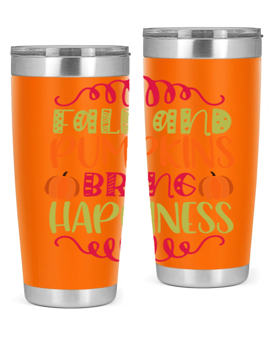 Fall and Pumpkins bring Happiness 20oz Tumbler featuring a vibrant autumn design, made of double wall vacuum stainless steel with a drink-thru lid.