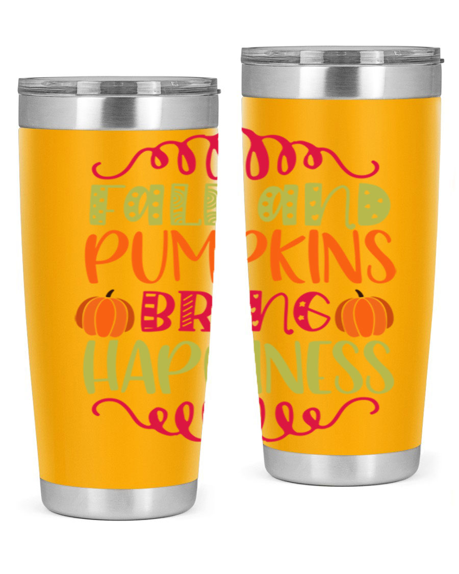 Fall and Pumpkins bring Happiness 20oz Tumbler featuring a vibrant autumn design, made of double wall vacuum stainless steel with a drink-thru lid.