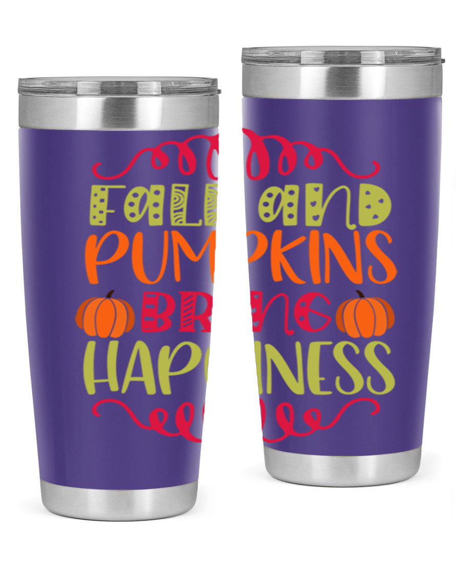 Fall and Pumpkins bring Happiness 20oz Tumbler featuring a vibrant autumn design, made of double wall vacuum stainless steel with a drink-thru lid.