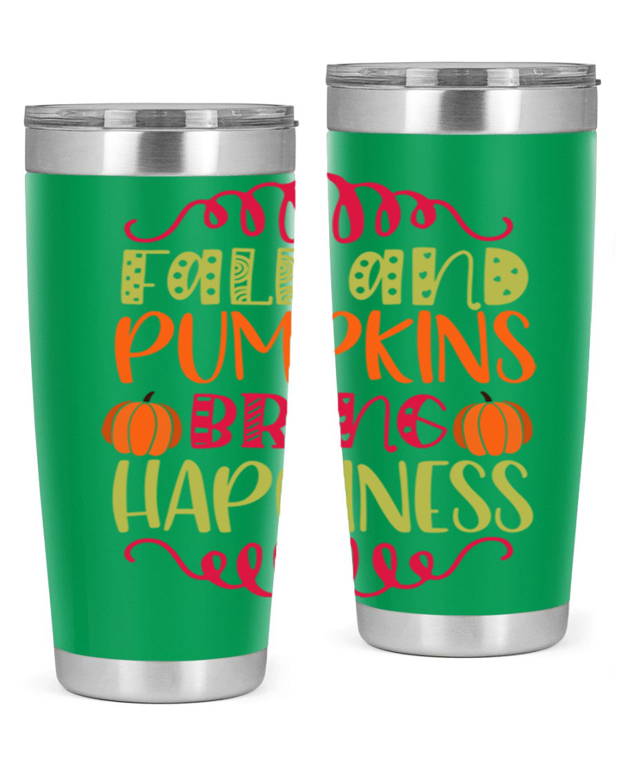 Fall and Pumpkins bring Happiness 20oz Tumbler featuring a vibrant autumn design, made of double wall vacuum stainless steel with a drink-thru lid.