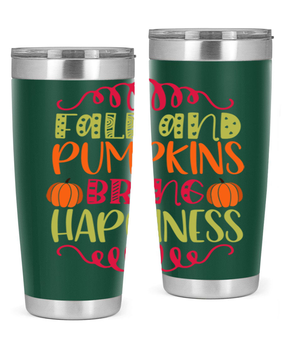 Fall and Pumpkins bring Happiness 20oz Tumbler featuring a vibrant autumn design, made of double wall vacuum stainless steel with a drink-thru lid.