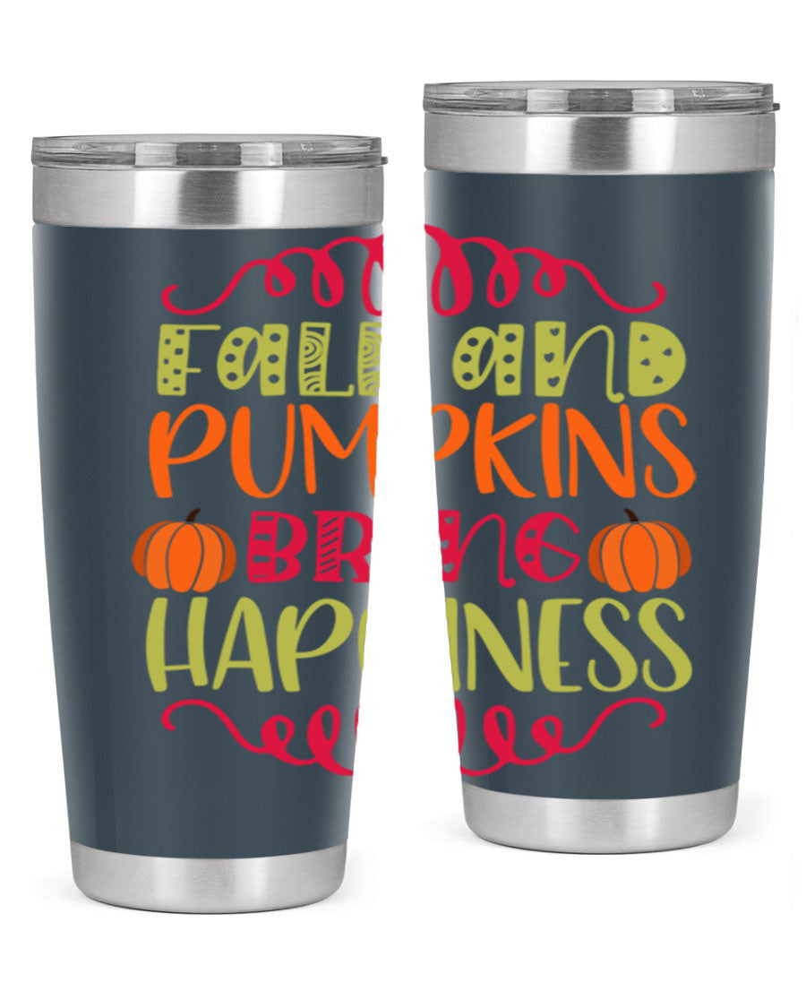 Fall and Pumpkins bring Happiness 20oz Tumbler featuring a vibrant autumn design, made of double wall vacuum stainless steel with a drink-thru lid.