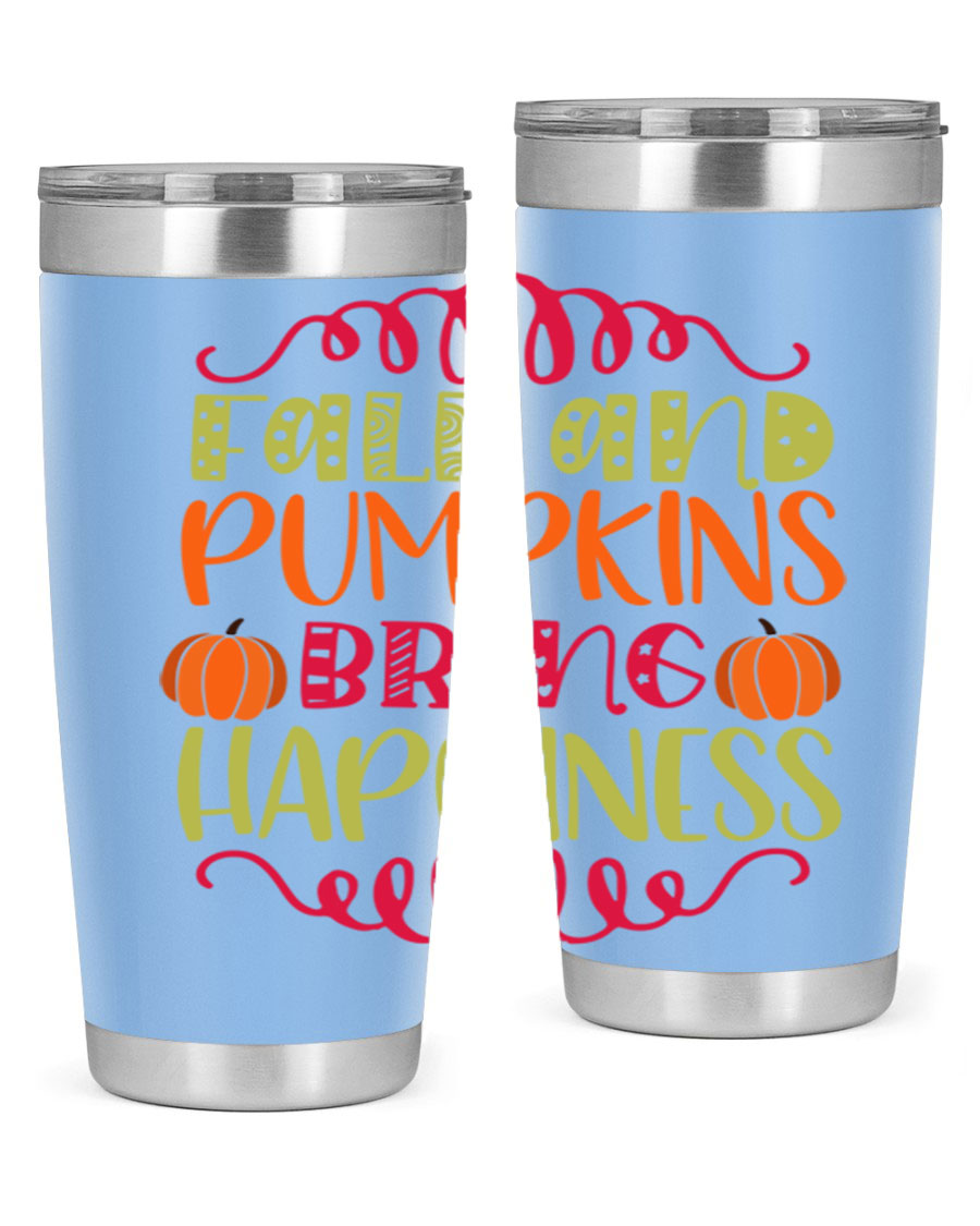 Fall and Pumpkins bring Happiness 20oz Tumbler featuring a vibrant autumn design, made of double wall vacuum stainless steel with a drink-thru lid.