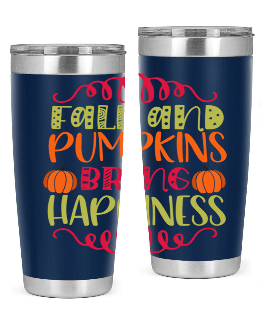 Fall and Pumpkins bring Happiness 20oz Tumbler featuring a vibrant autumn design, made of double wall vacuum stainless steel with a drink-thru lid.