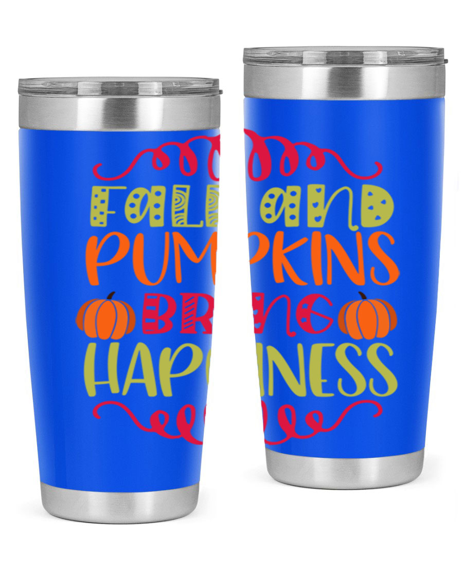 Fall and Pumpkins bring Happiness 20oz Tumbler featuring a vibrant autumn design, made of double wall vacuum stainless steel with a drink-thru lid.