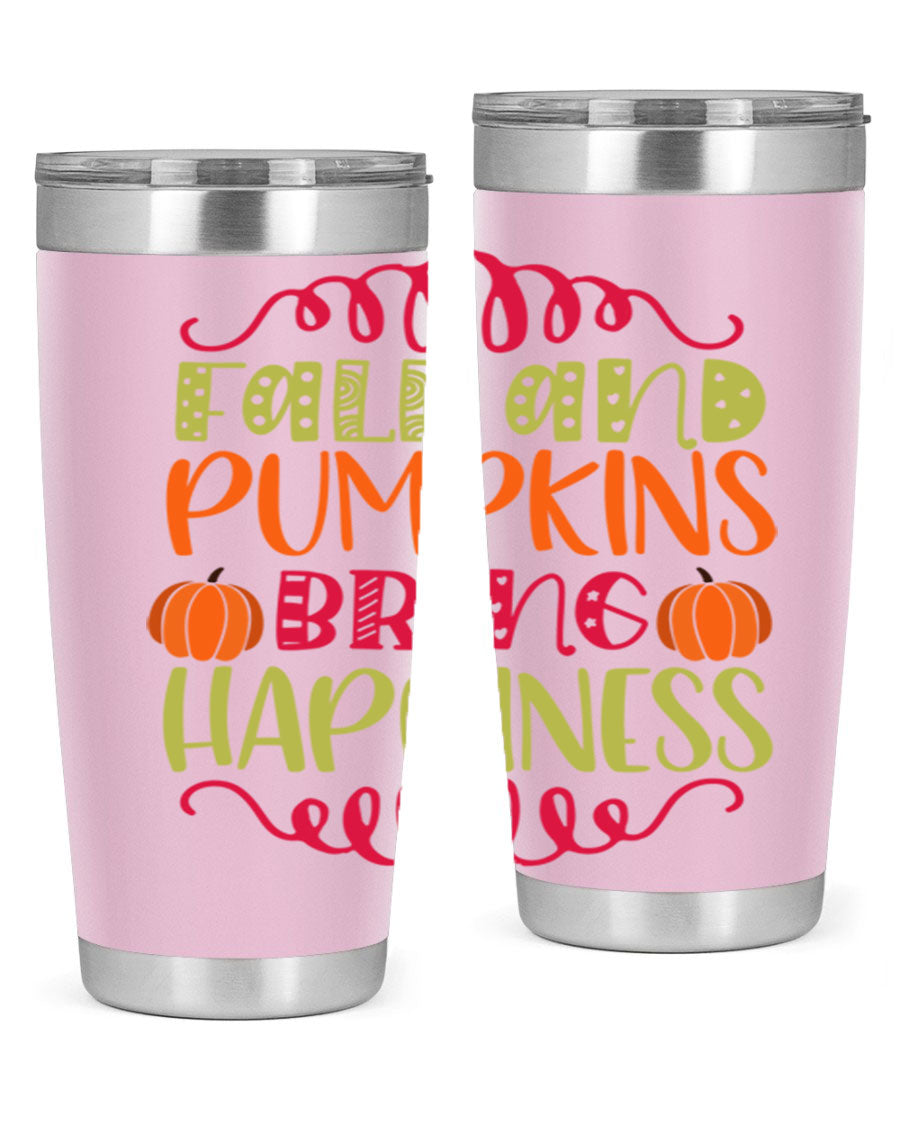 Fall and Pumpkins bring Happiness 20oz Tumbler featuring a vibrant autumn design, made of double wall vacuum stainless steel with a drink-thru lid.