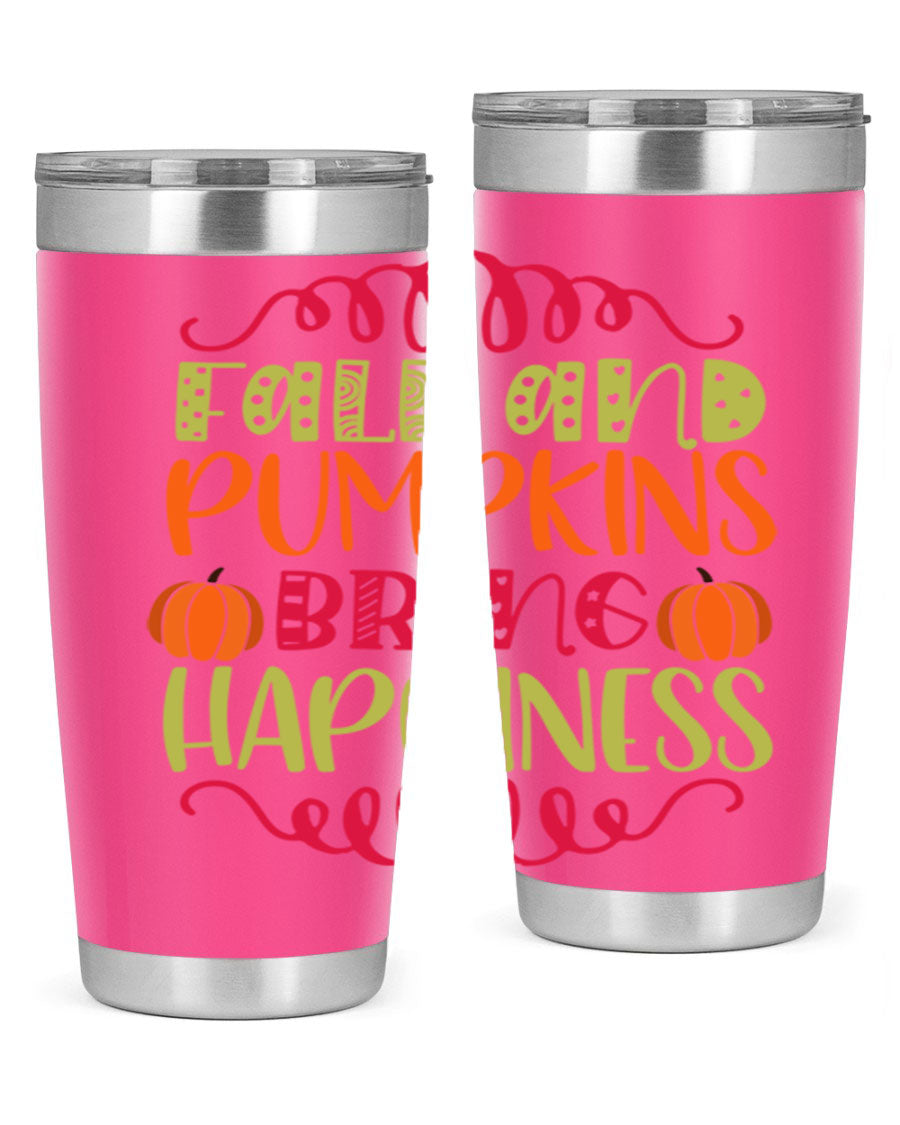 Fall and Pumpkins bring Happiness 20oz Tumbler featuring a vibrant autumn design, made of double wall vacuum stainless steel with a drink-thru lid.