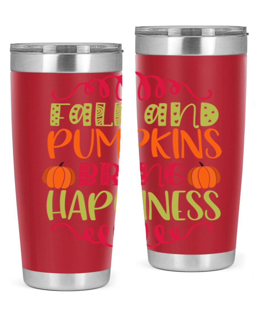 Fall and Pumpkins bring Happiness 20oz Tumbler featuring a vibrant autumn design, made of double wall vacuum stainless steel with a drink-thru lid.