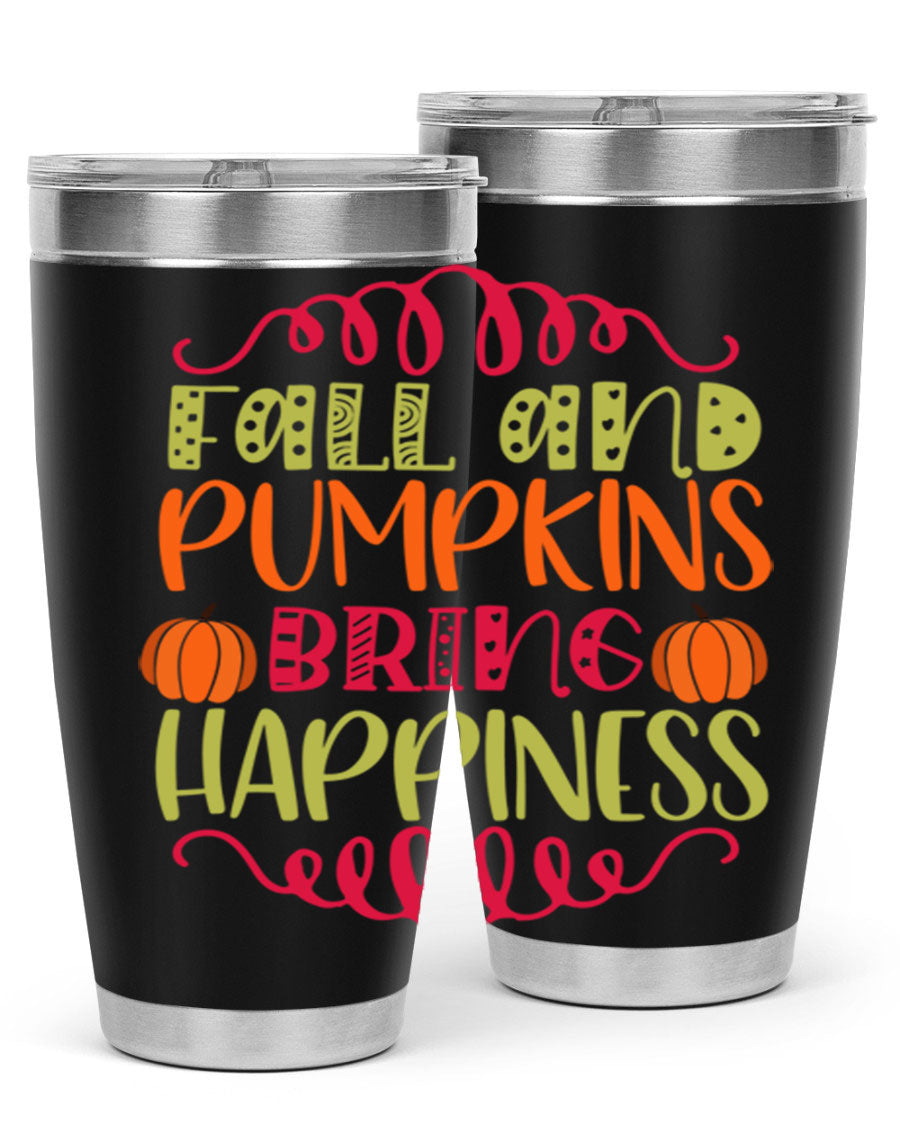 Fall and Pumpkins bring Happiness 20oz Tumbler featuring a vibrant autumn design, made of double wall vacuum stainless steel with a drink-thru lid.