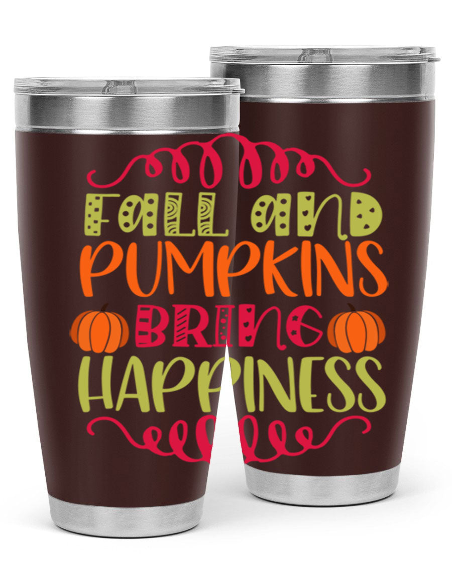 Fall and Pumpkins bring Happiness 20oz Tumbler featuring a vibrant autumn design, made of double wall vacuum stainless steel with a drink-thru lid.