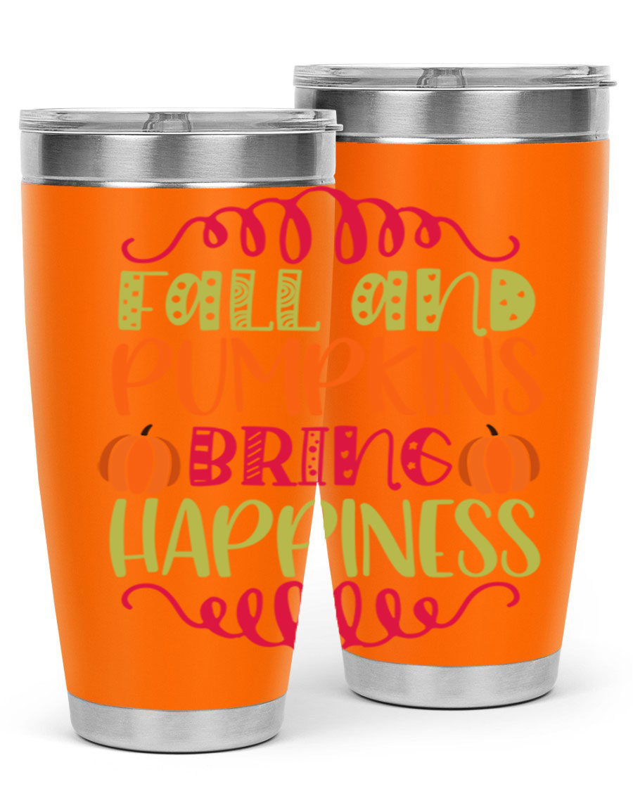 Fall and Pumpkins bring Happiness 20oz Tumbler featuring a vibrant autumn design, made of double wall vacuum stainless steel with a drink-thru lid.