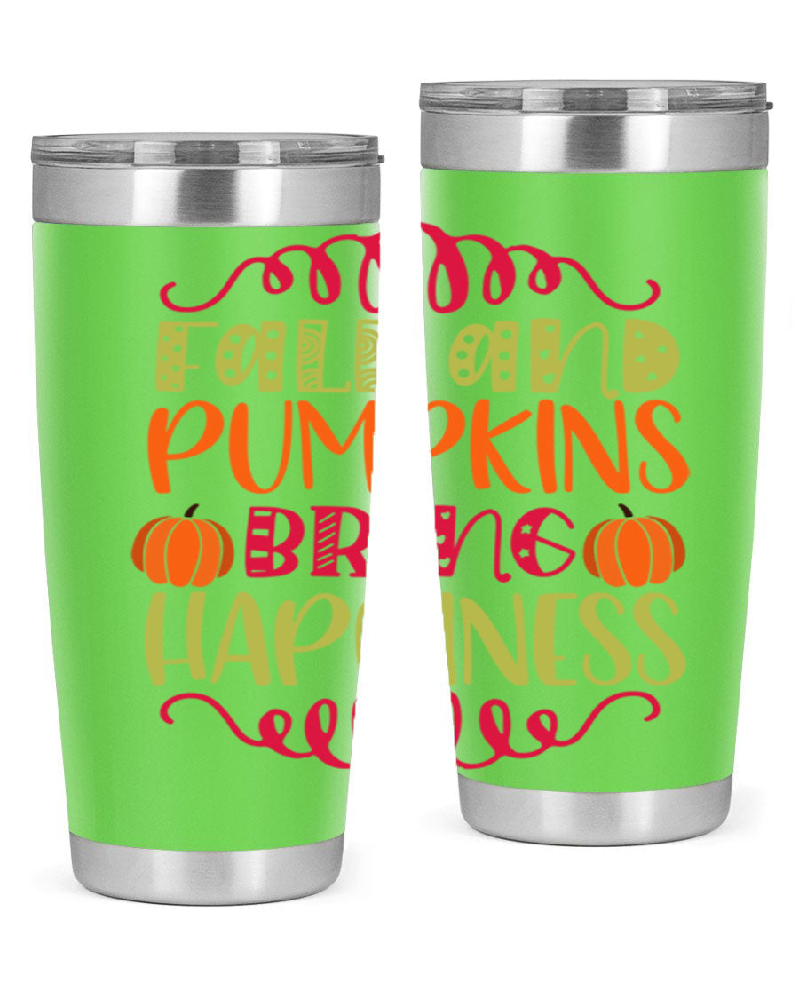 Fall and Pumpkins bring Happiness 20oz Tumbler featuring a vibrant autumn design, made of double wall vacuum stainless steel with a drink-thru lid.