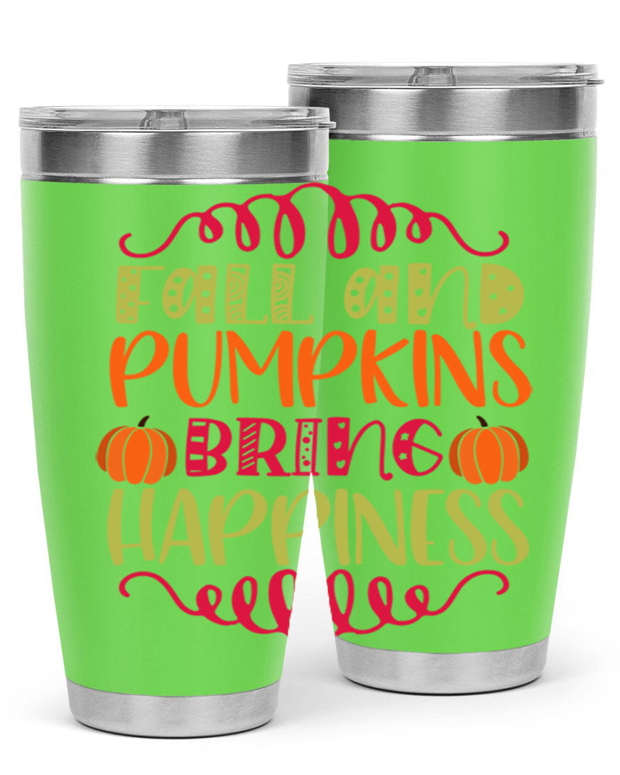 Fall and Pumpkins bring Happiness 20oz Tumbler featuring a vibrant autumn design, made of double wall vacuum stainless steel with a drink-thru lid.