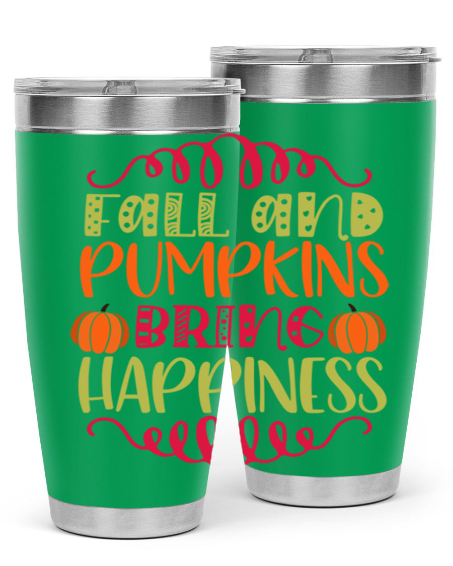 Fall and Pumpkins bring Happiness 20oz Tumbler featuring a vibrant autumn design, made of double wall vacuum stainless steel with a drink-thru lid.