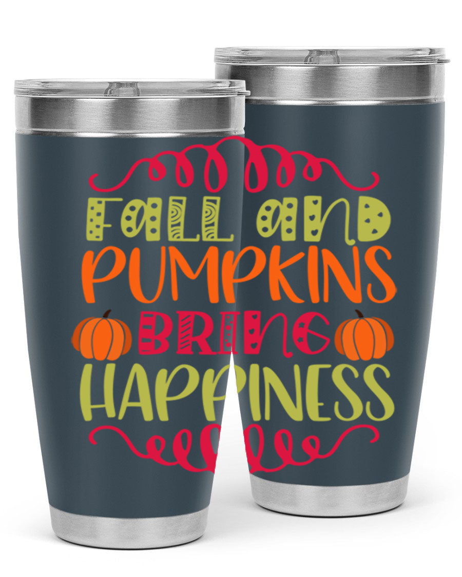 Fall and Pumpkins bring Happiness 20oz Tumbler featuring a vibrant autumn design, made of double wall vacuum stainless steel with a drink-thru lid.
