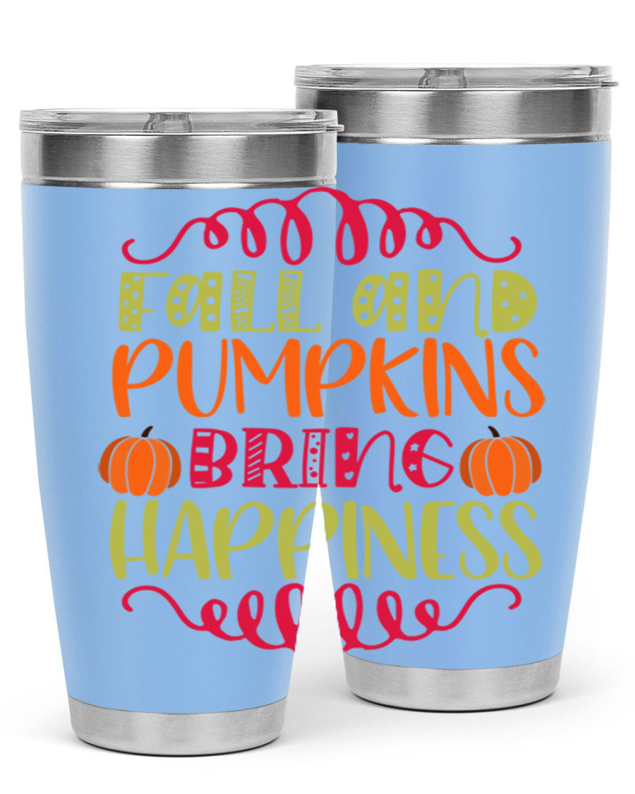 Fall and Pumpkins bring Happiness 20oz Tumbler featuring a vibrant autumn design, made of double wall vacuum stainless steel with a drink-thru lid.