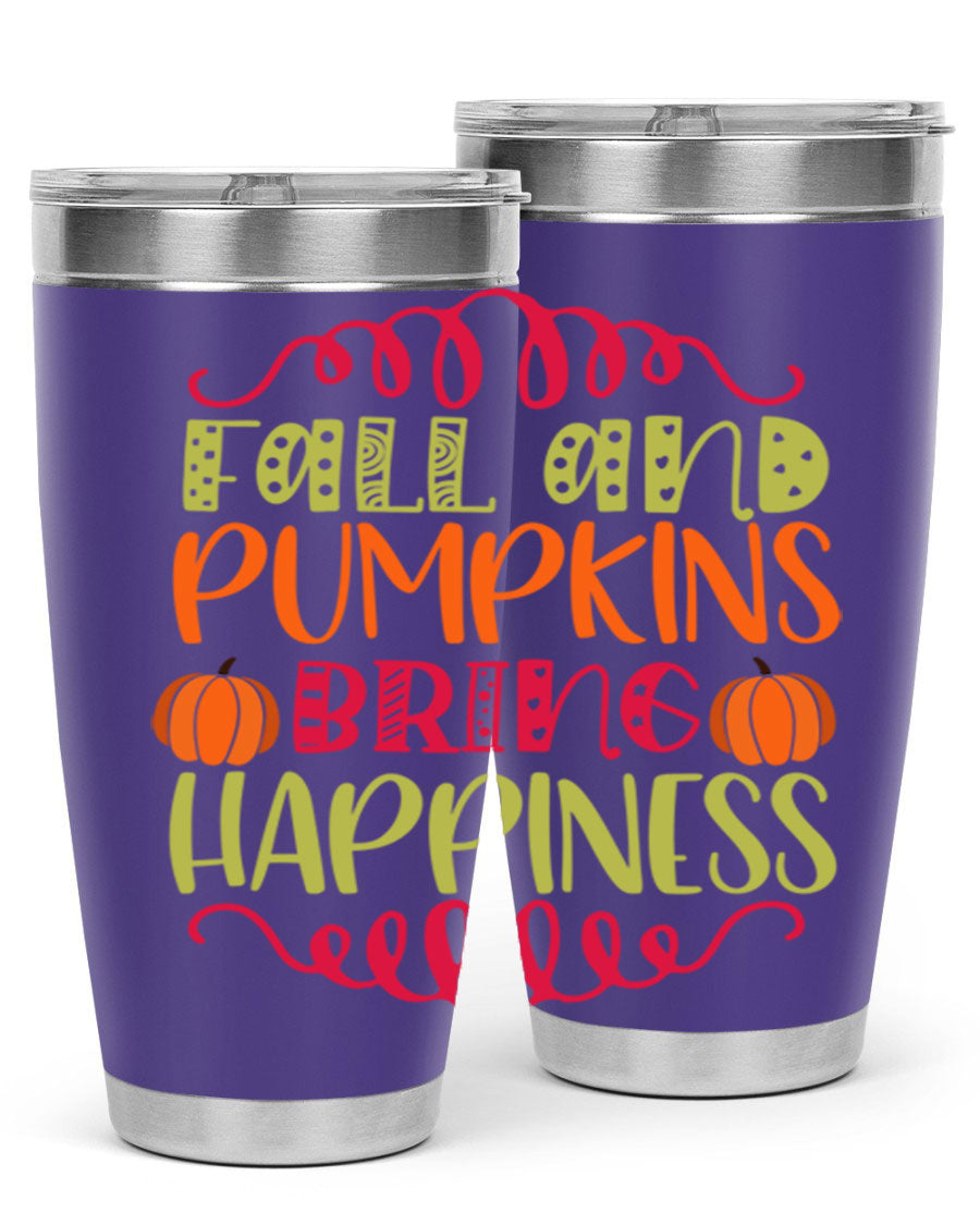Fall and Pumpkins bring Happiness 20oz Tumbler featuring a vibrant autumn design, made of double wall vacuum stainless steel with a drink-thru lid.