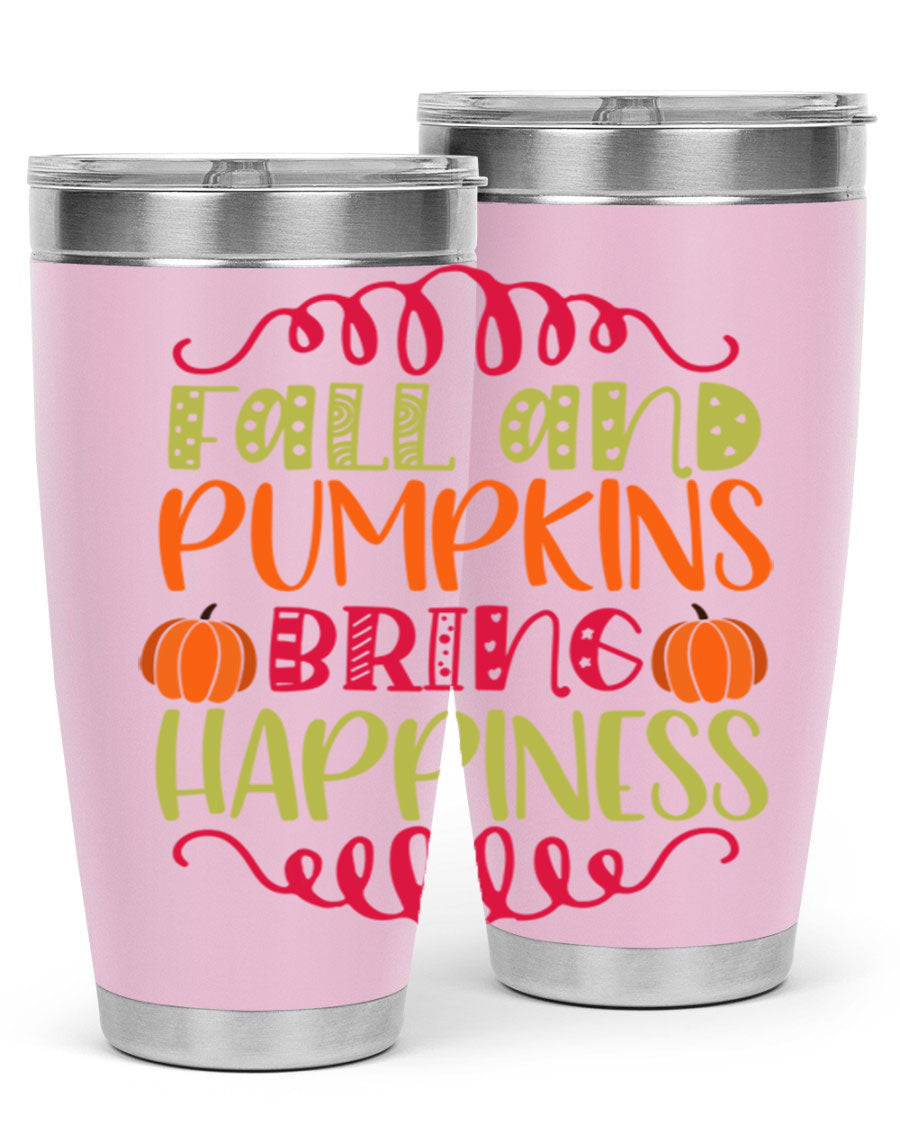 Fall and Pumpkins bring Happiness 20oz Tumbler featuring a vibrant autumn design, made of double wall vacuum stainless steel with a drink-thru lid.