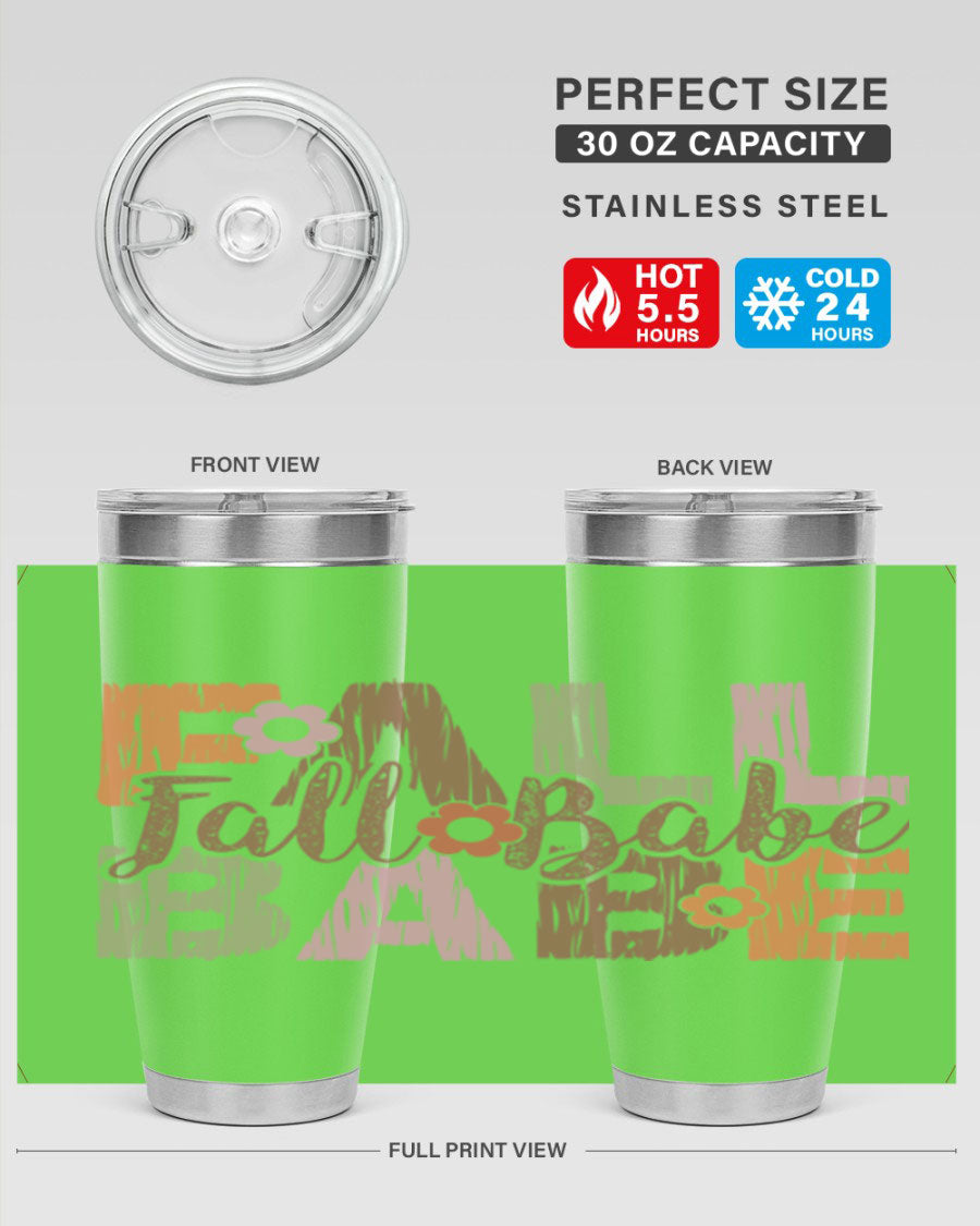 Fall Babe 88# Tumbler in stainless steel with autumn-themed design, showcasing its double wall vacuum insulation and drink-thru lid.
