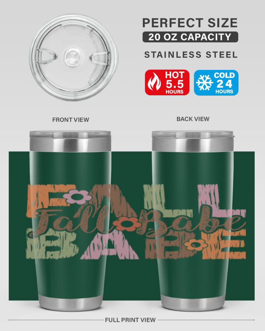 Fall Babe 88# Tumbler in stainless steel with autumn-themed design, showcasing its double wall vacuum insulation and drink-thru lid.