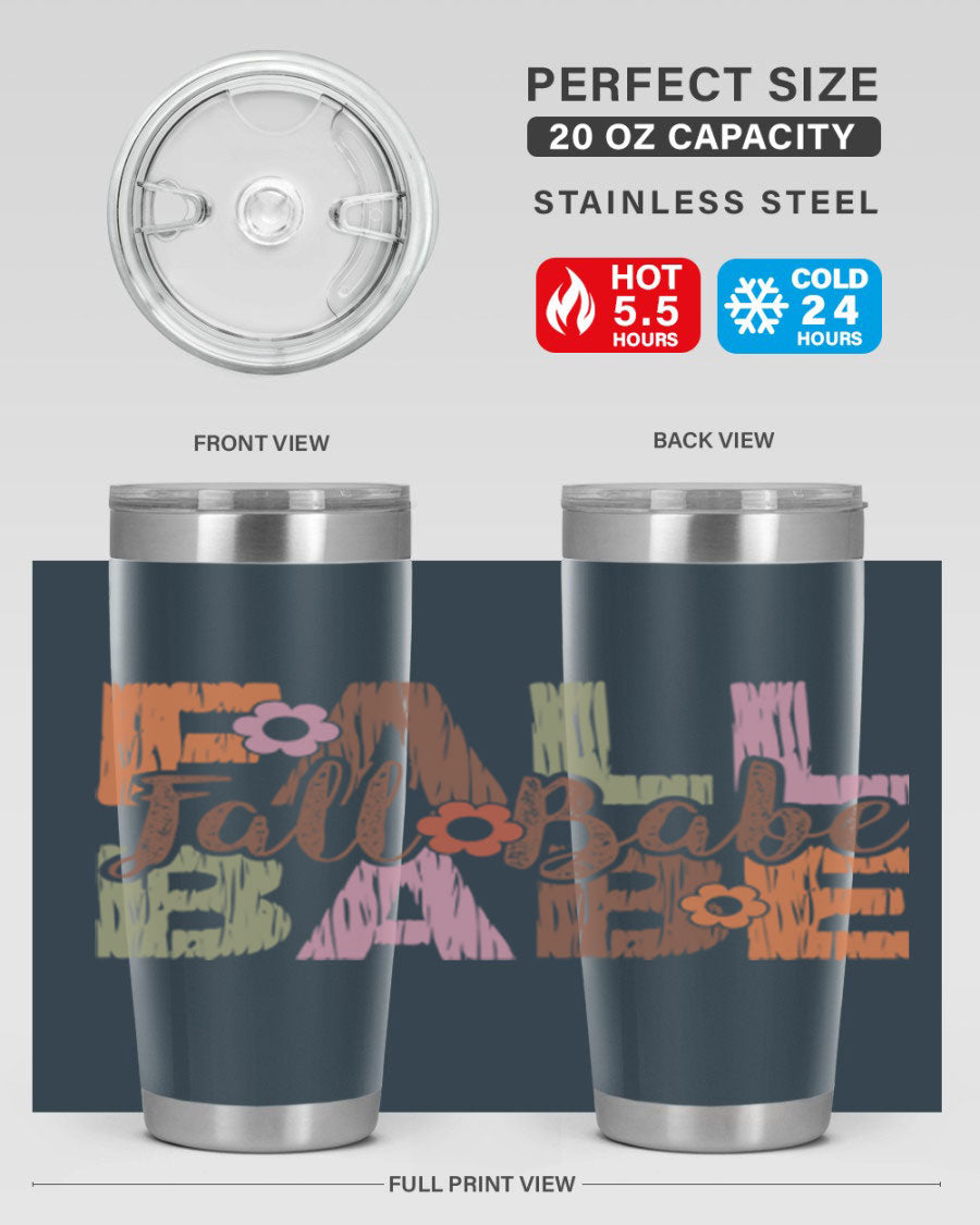 Fall Babe 88# Tumbler in stainless steel with autumn-themed design, showcasing its double wall vacuum insulation and drink-thru lid.