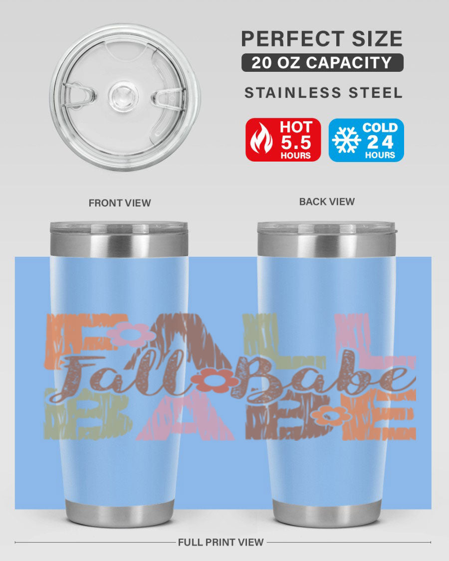Fall Babe 88# Tumbler in stainless steel with autumn-themed design, showcasing its double wall vacuum insulation and drink-thru lid.
