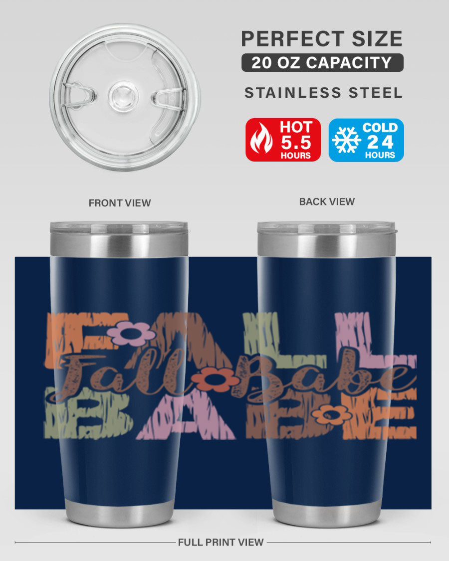 Fall Babe 88# Tumbler in stainless steel with autumn-themed design, showcasing its double wall vacuum insulation and drink-thru lid.