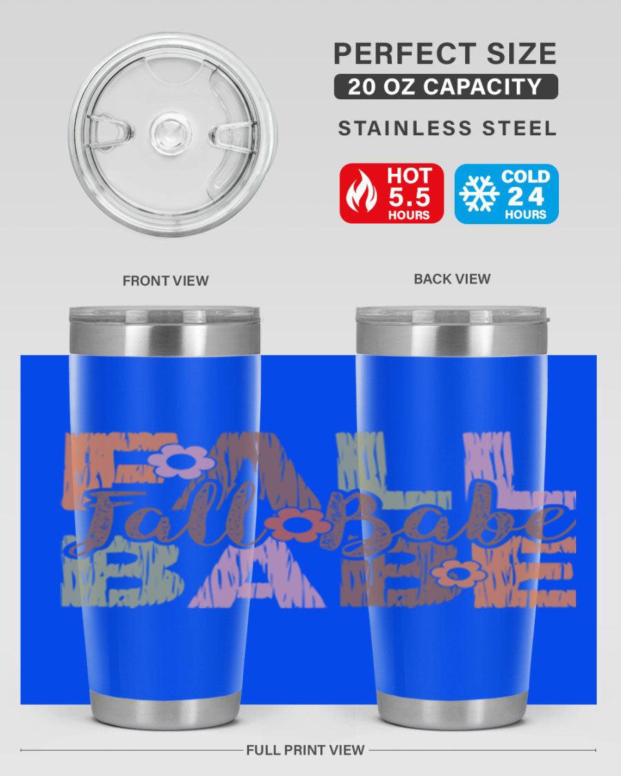 Fall Babe 88# Tumbler in stainless steel with autumn-themed design, showcasing its double wall vacuum insulation and drink-thru lid.