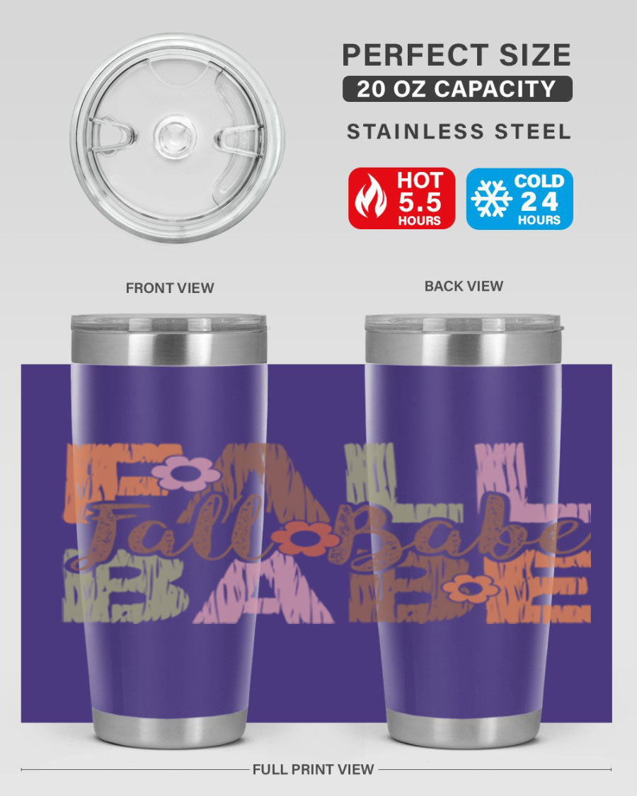 Fall Babe 88# Tumbler in stainless steel with autumn-themed design, showcasing its double wall vacuum insulation and drink-thru lid.
