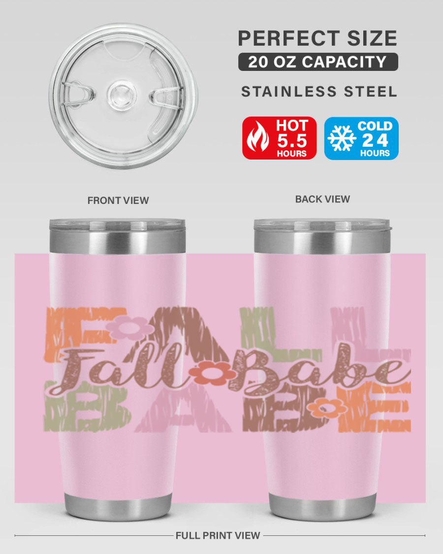 Fall Babe 88# Tumbler in stainless steel with autumn-themed design, showcasing its double wall vacuum insulation and drink-thru lid.