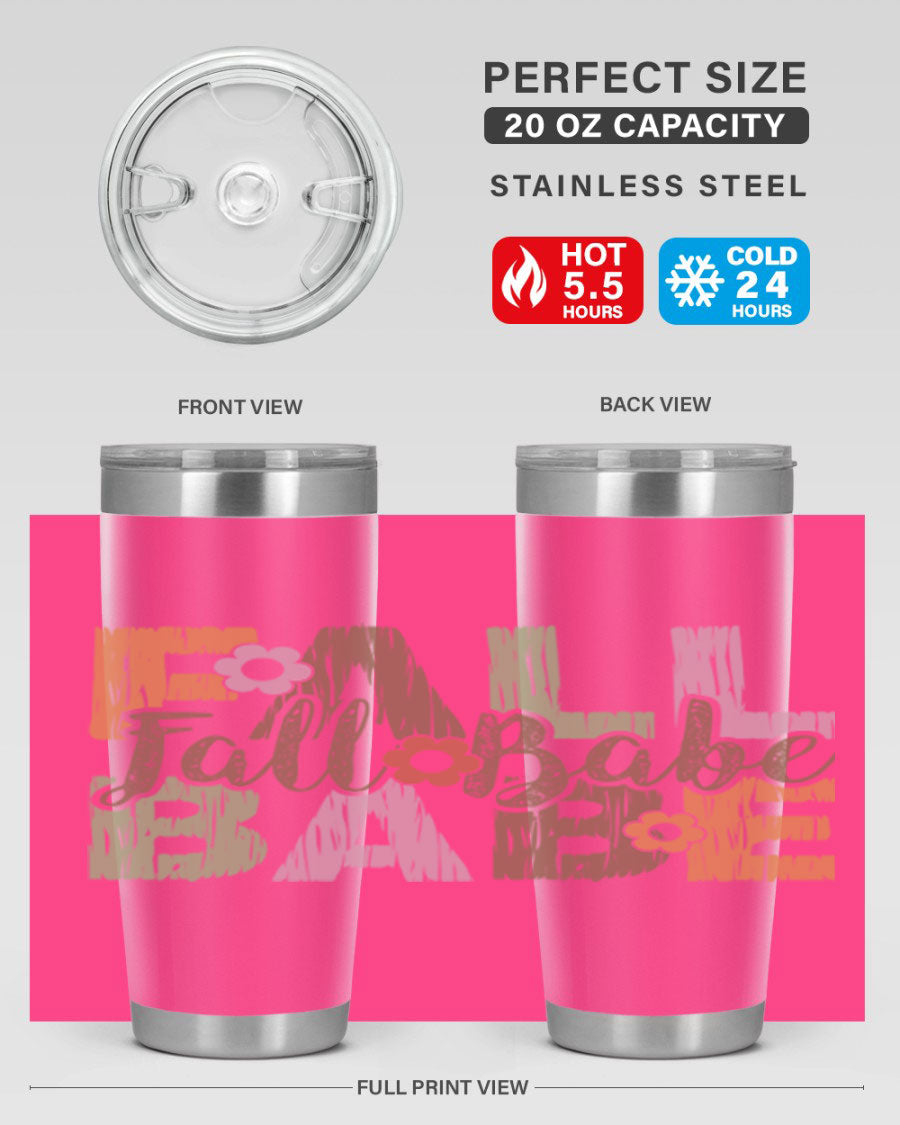 Fall Babe 88# Tumbler in stainless steel with autumn-themed design, showcasing its double wall vacuum insulation and drink-thru lid.
