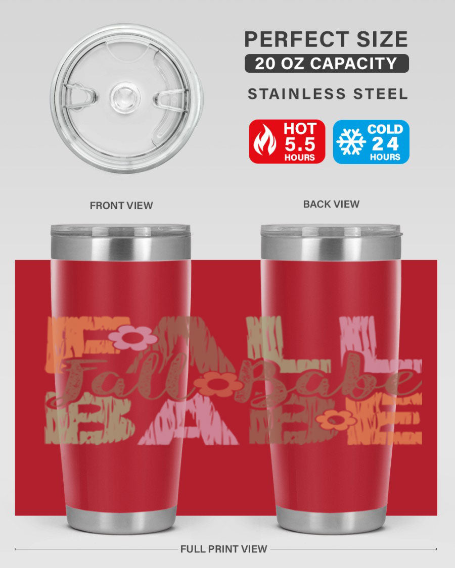 Fall Babe 88# Tumbler in stainless steel with autumn-themed design, showcasing its double wall vacuum insulation and drink-thru lid.