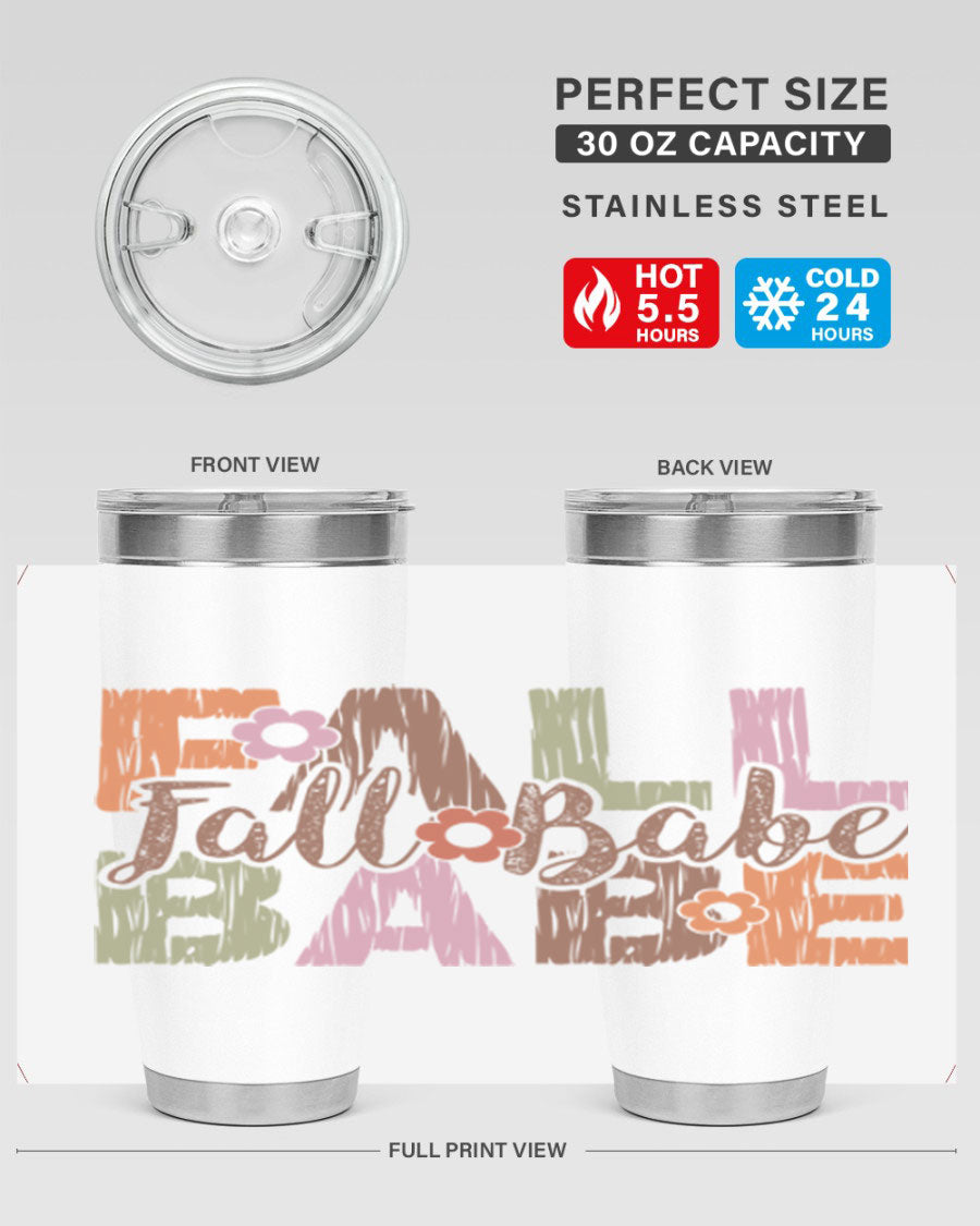 Fall Babe 88# Tumbler in stainless steel with autumn-themed design, showcasing its double wall vacuum insulation and drink-thru lid.