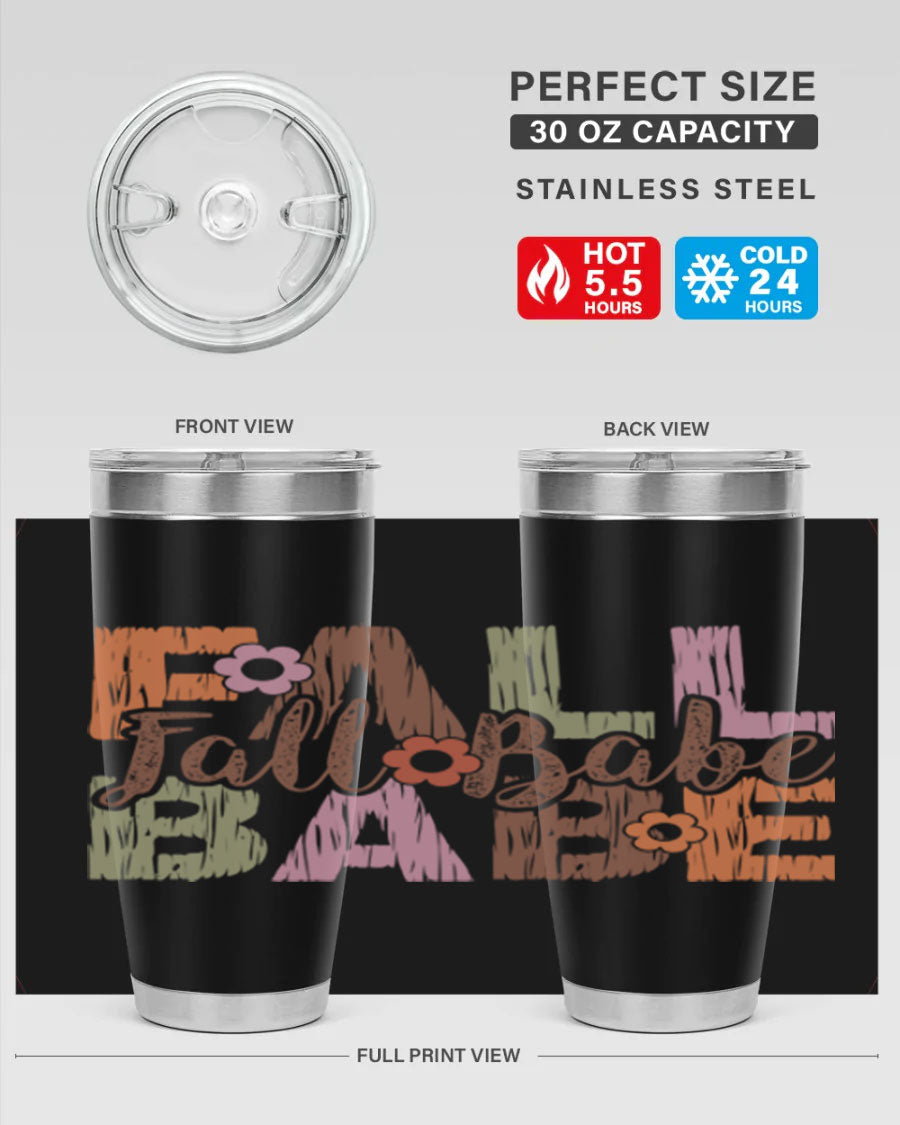 Fall Babe 88# Tumbler in stainless steel with autumn-themed design, showcasing its double wall vacuum insulation and drink-thru lid.