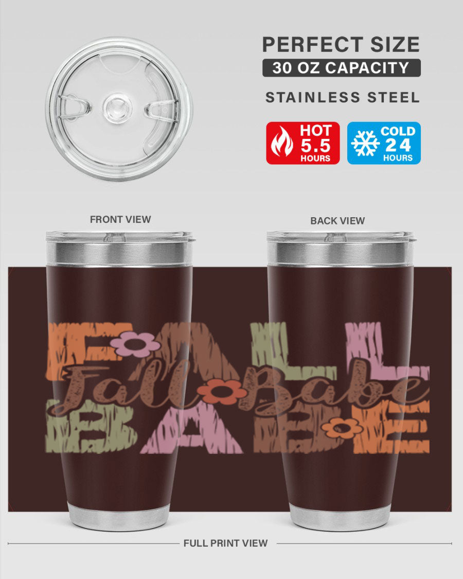 Fall Babe 88# Tumbler in stainless steel with autumn-themed design, showcasing its double wall vacuum insulation and drink-thru lid.