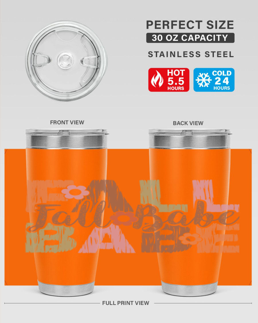 Fall Babe 88# Tumbler in stainless steel with autumn-themed design, showcasing its double wall vacuum insulation and drink-thru lid.