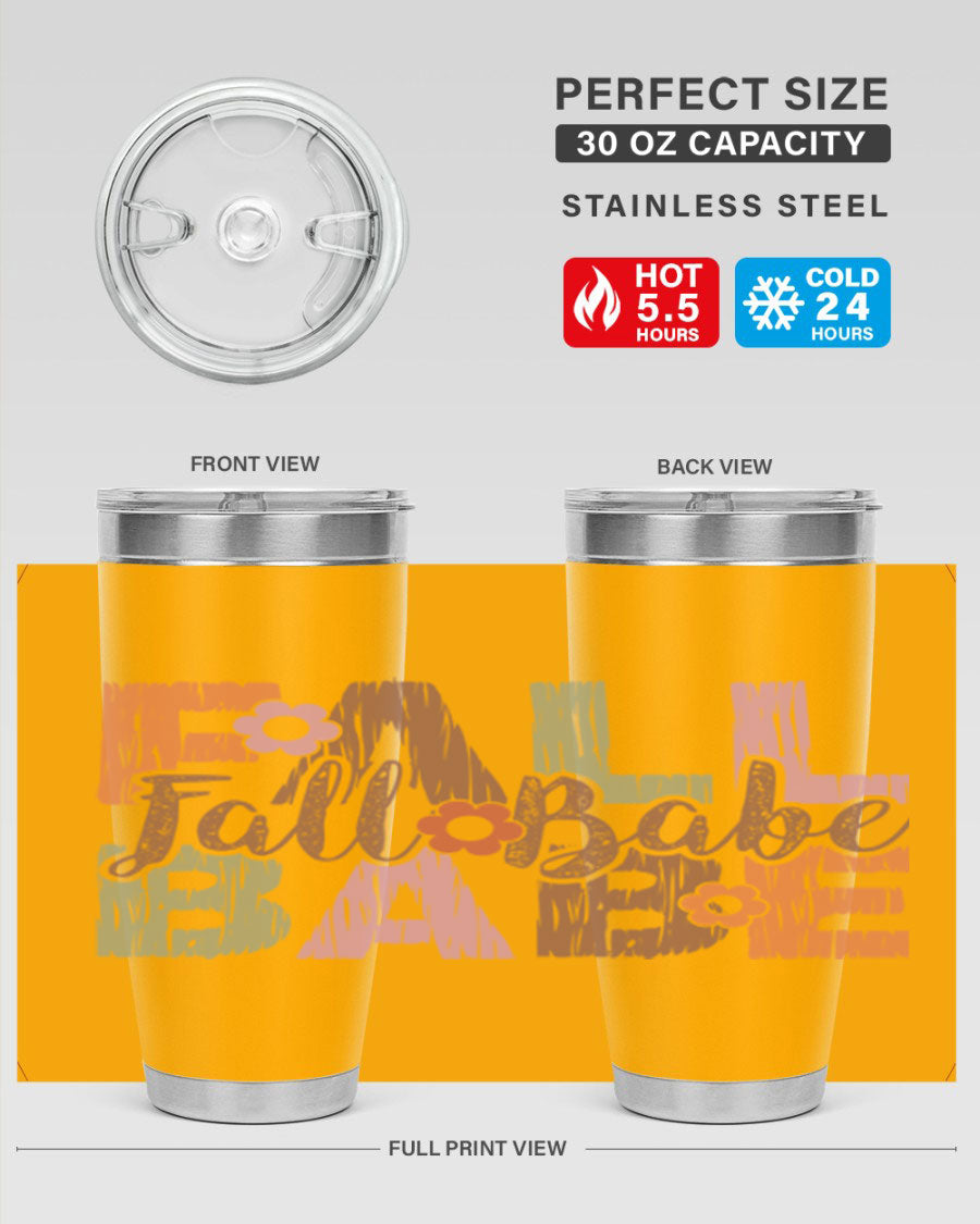 Fall Babe 88# Tumbler in stainless steel with autumn-themed design, showcasing its double wall vacuum insulation and drink-thru lid.