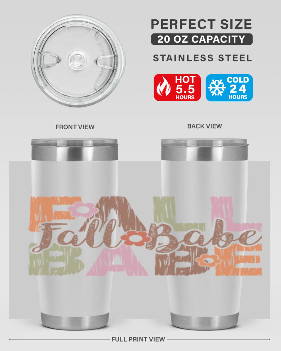 Fall Babe 88# Tumbler in stainless steel with autumn-themed design, showcasing its double wall vacuum insulation and drink-thru lid.