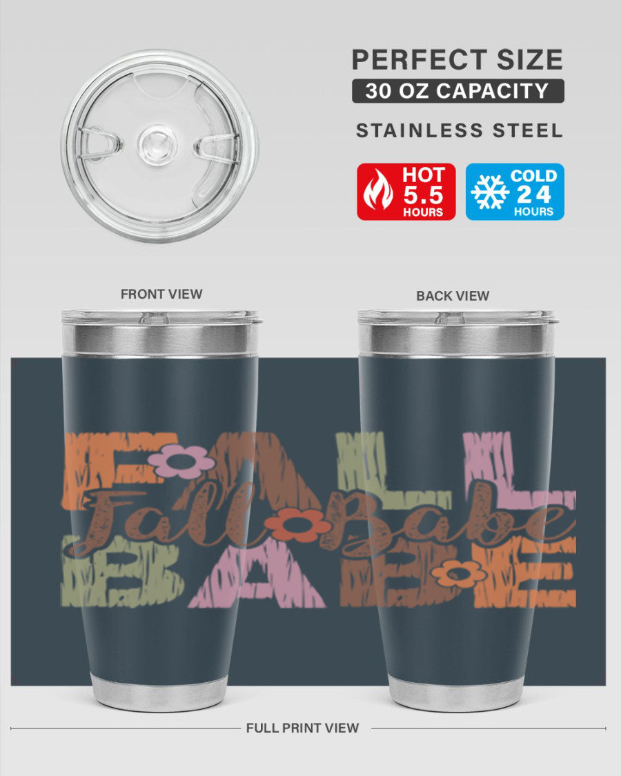 Fall Babe 88# Tumbler in stainless steel with autumn-themed design, showcasing its double wall vacuum insulation and drink-thru lid.