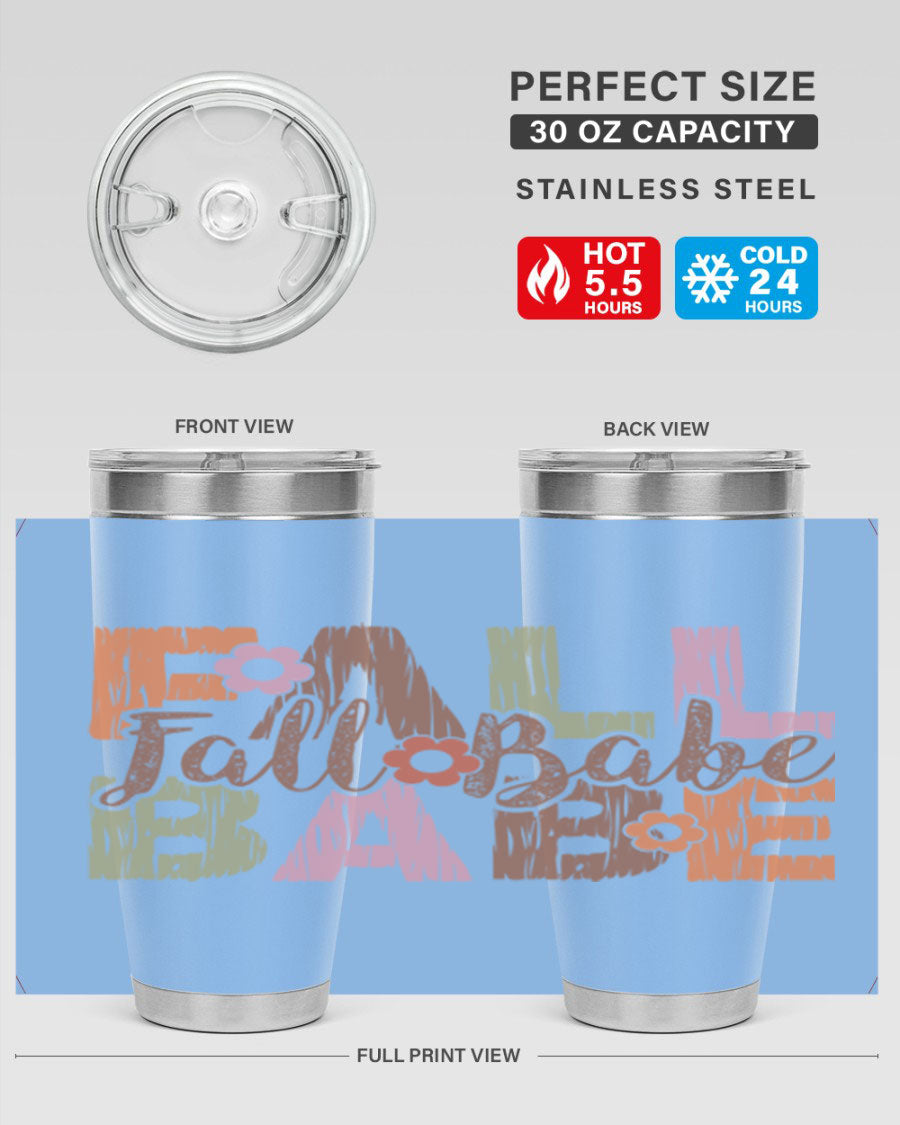 Fall Babe 88# Tumbler in stainless steel with autumn-themed design, showcasing its double wall vacuum insulation and drink-thru lid.