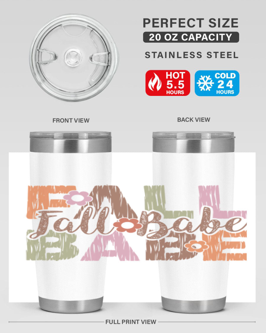 Fall Babe 88# Tumbler in stainless steel with autumn-themed design, showcasing its double wall vacuum insulation and drink-thru lid.