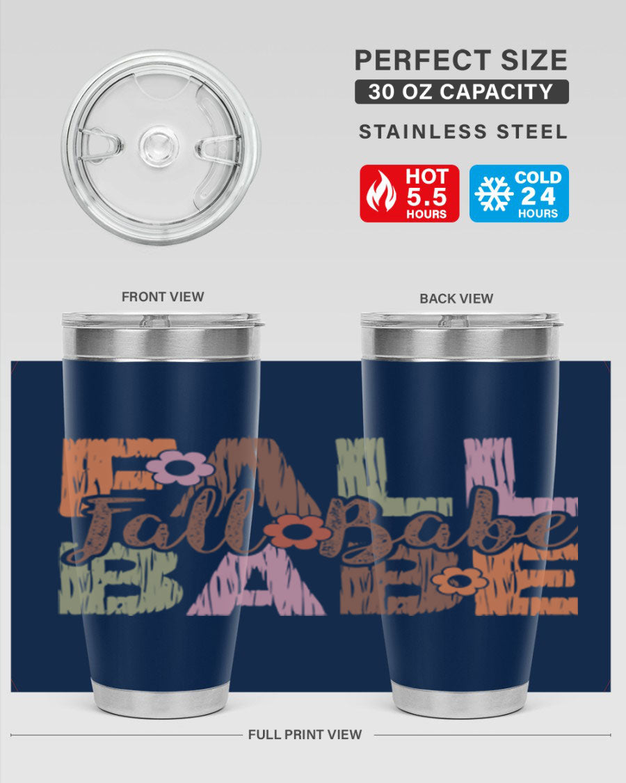 Fall Babe 88# Tumbler in stainless steel with autumn-themed design, showcasing its double wall vacuum insulation and drink-thru lid.