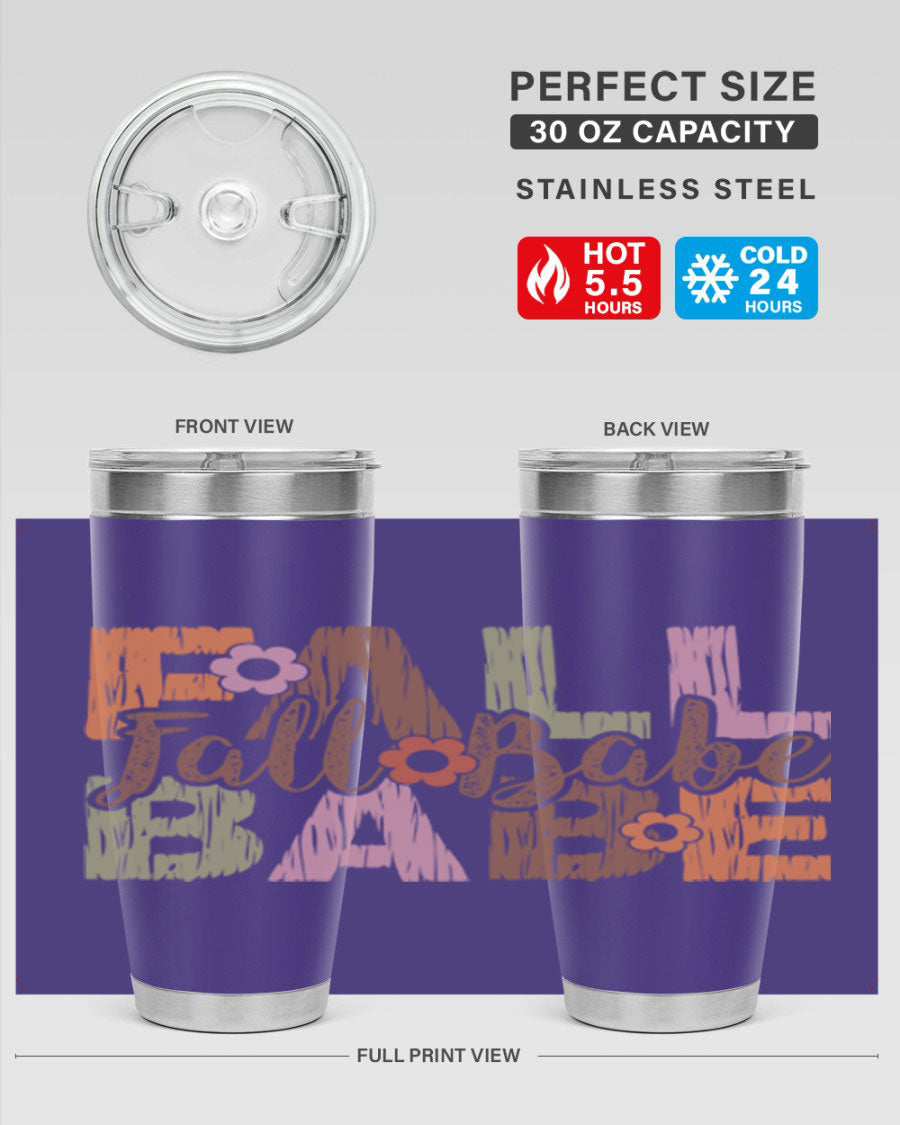 Fall Babe 88# Tumbler in stainless steel with autumn-themed design, showcasing its double wall vacuum insulation and drink-thru lid.