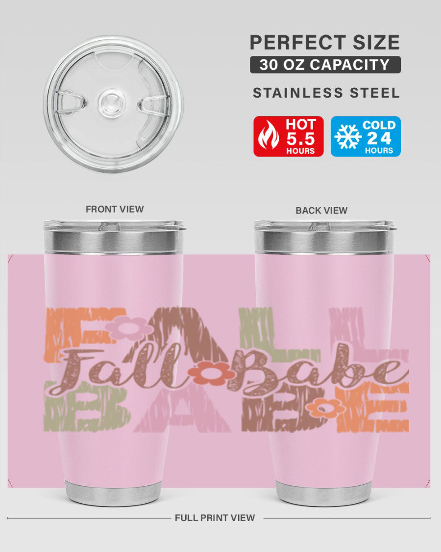 Fall Babe 88# Tumbler in stainless steel with autumn-themed design, showcasing its double wall vacuum insulation and drink-thru lid.