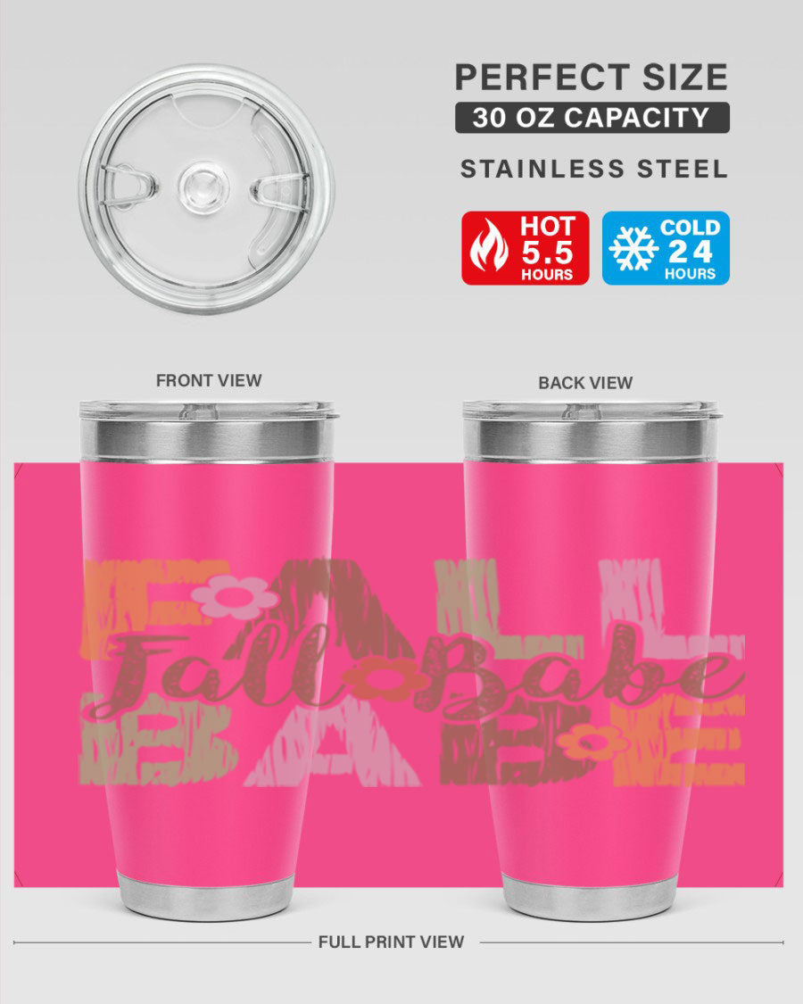 Fall Babe 88# Tumbler in stainless steel with autumn-themed design, showcasing its double wall vacuum insulation and drink-thru lid.