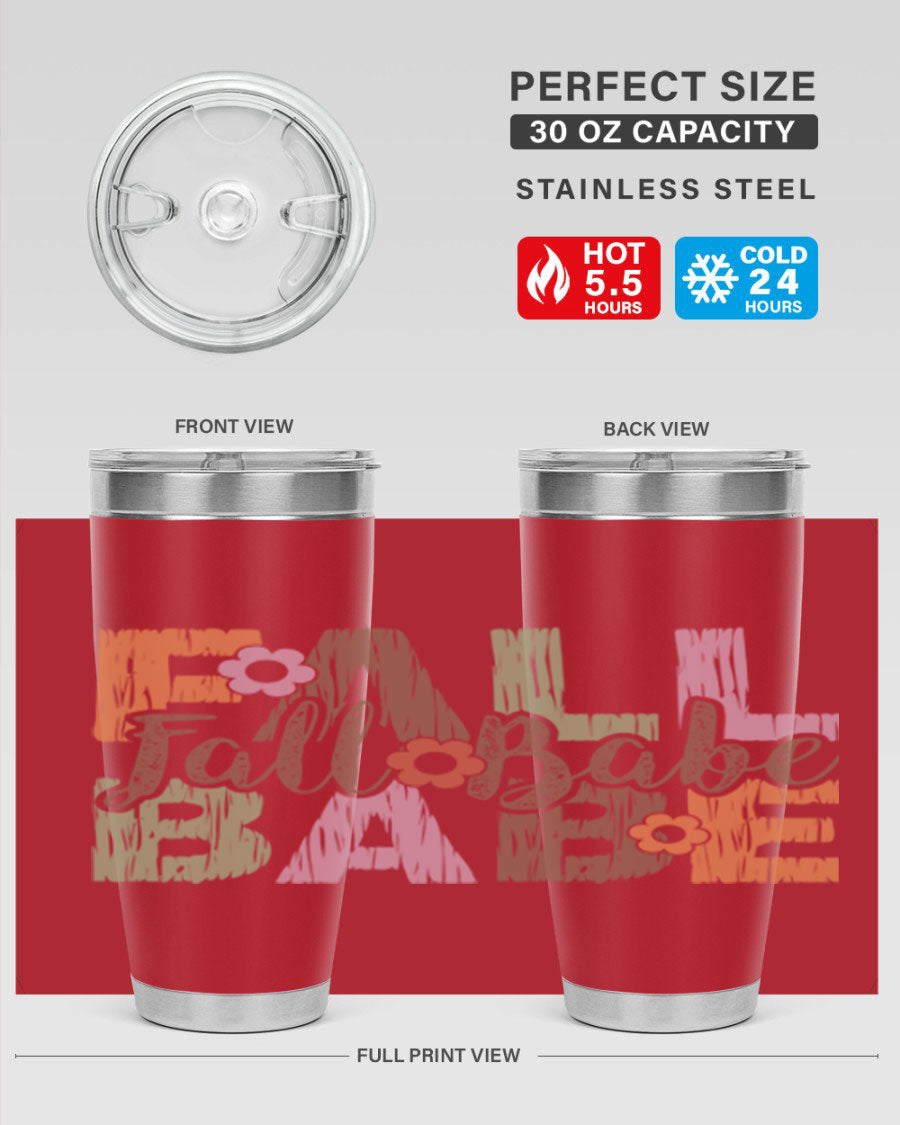 Fall Babe 88# Tumbler in stainless steel with autumn-themed design, showcasing its double wall vacuum insulation and drink-thru lid.