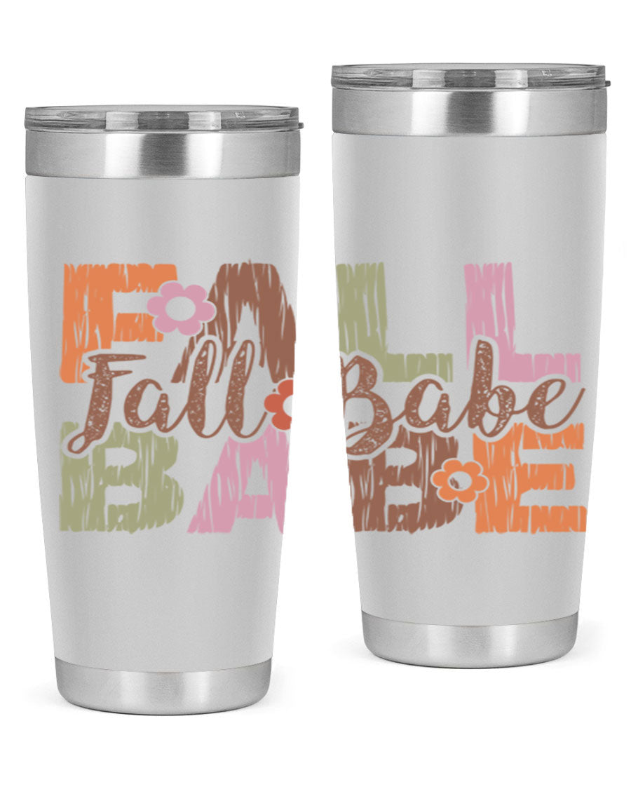 Fall Babe 88# Tumbler in stainless steel with autumn-themed design, showcasing its double wall vacuum insulation and drink-thru lid.