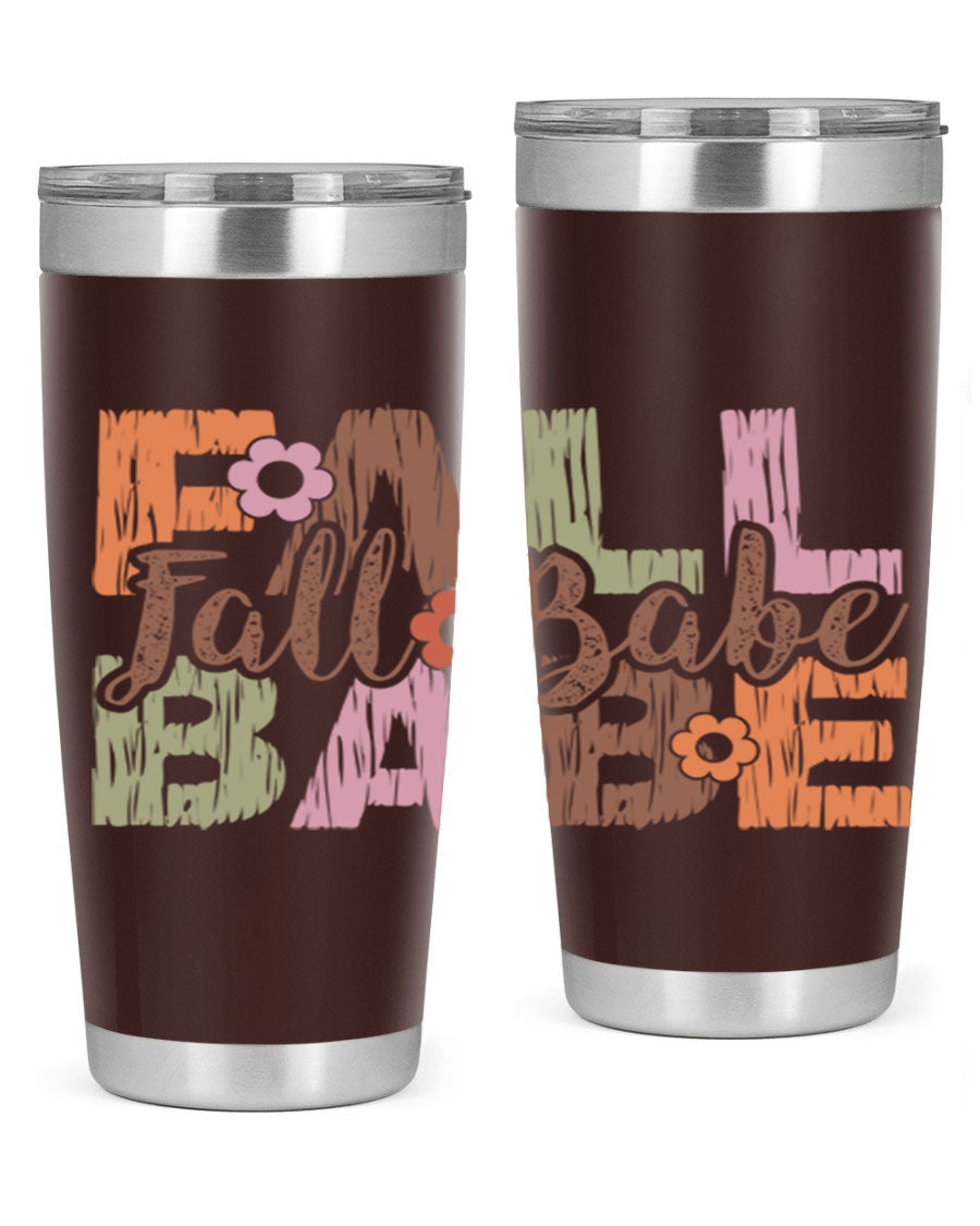 Fall Babe 88# Tumbler in stainless steel with autumn-themed design, showcasing its double wall vacuum insulation and drink-thru lid.