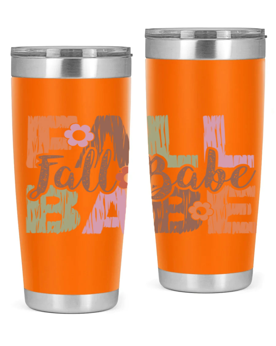 Fall Babe 88# Tumbler in stainless steel with autumn-themed design, showcasing its double wall vacuum insulation and drink-thru lid.