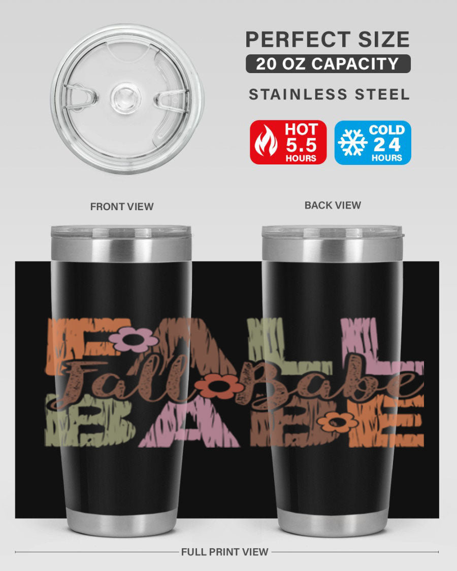 Fall Babe 88# Tumbler in stainless steel with autumn-themed design, showcasing its double wall vacuum insulation and drink-thru lid.
